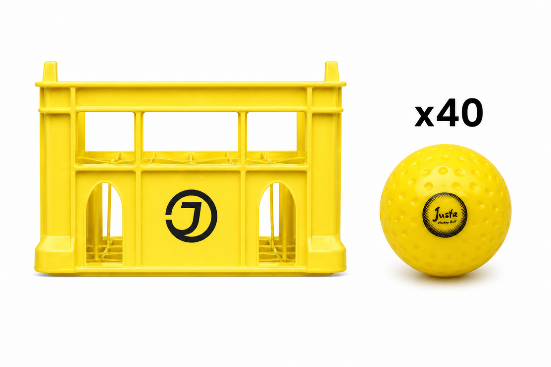 Justa Yellow Practice Ball Bundle 2026/27 | 40 yellow hockey balls housed in a heavy-duty rigid plastic storage crate