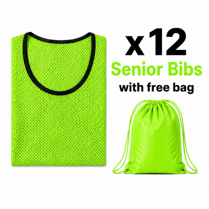 Justa Bibs 2026/27 | A set of 12 vibrant green mesh training bibs neatly folded next to a matching green drawstring bag