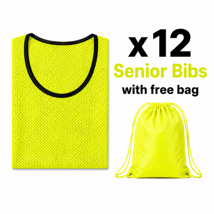 Justa Bibs 2026/27 | A set of 12 vibrant yellow mesh training bibs neatly folded next to a matching yellow drawstring bag