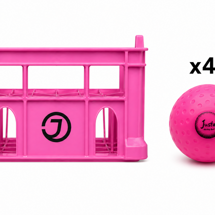 Justa Pink Practice Ball Bundle 2026/27 | 40 pink hockey balls housed in a heavy-duty rigid plastic storage crate