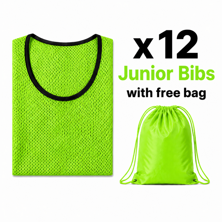 Justa Bibs 2026/27 | A set of 12 vibrant green mesh training bibs neatly folded next to a matching green drawstring bag