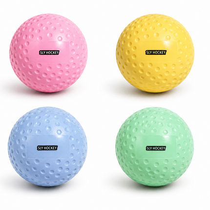 SLYH Dimple Practice Hockey Balls with custom logo in Mint, Blue, Yellow, and Pink