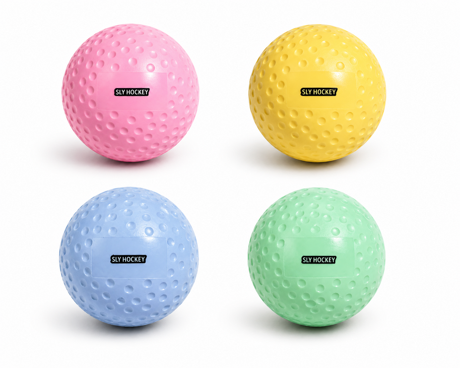 SLYH Dimple Practice Hockey Balls with custom logo in Mint, Blue, Yellow, and Pink