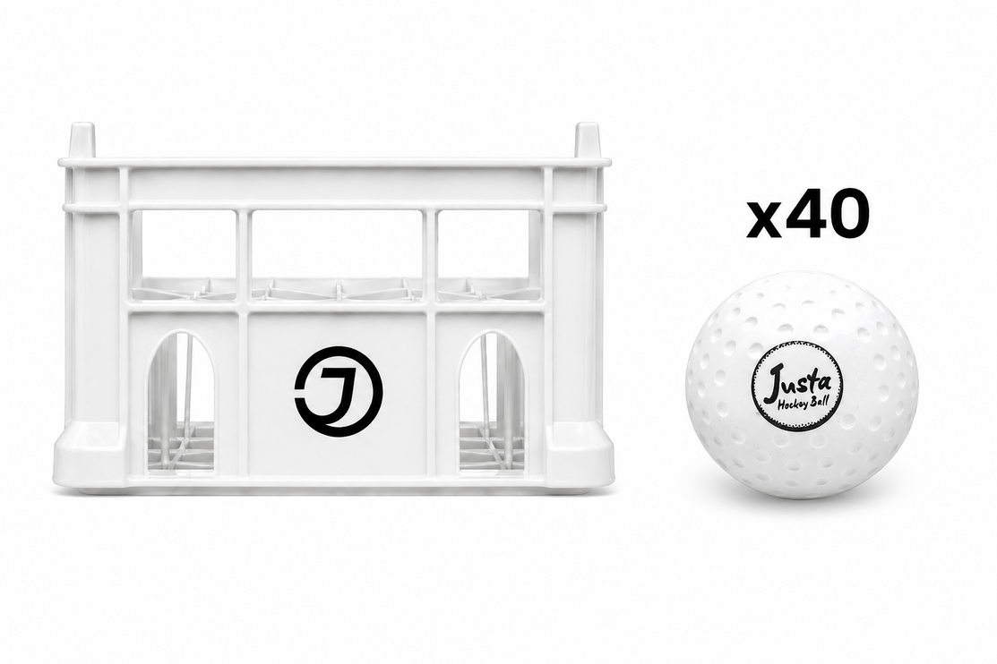 Justa White Practice Ball Bundle 2026/27 | 40 white hockey balls housed in a heavy-duty rigid plastic storage crate