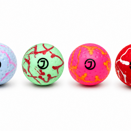 Justa Dimple Swirl Practice Hockey Balls in colorful patterns including Bubblegum and Rhubarb and Custard
