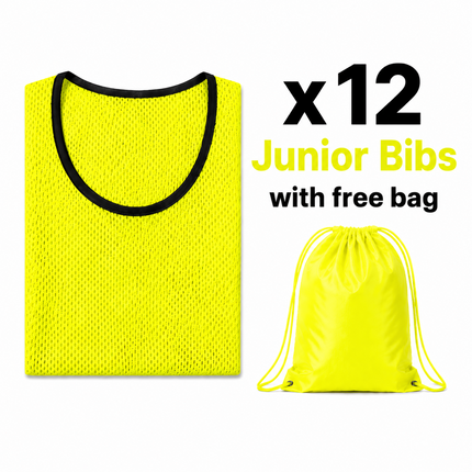 Justa Bibs 2026/27 | A set of 12 vibrant yellow mesh training bibs neatly folded next to a matching yellow drawstring bag