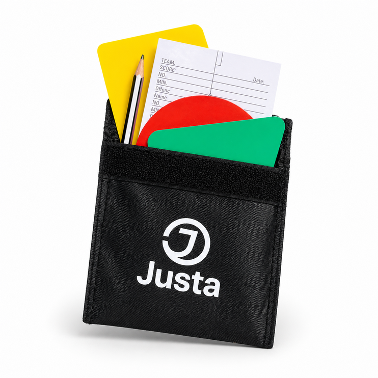 Justa Hockey Umpiring Card Set showing the Green, Yellow, and Red cards with the branded wallet