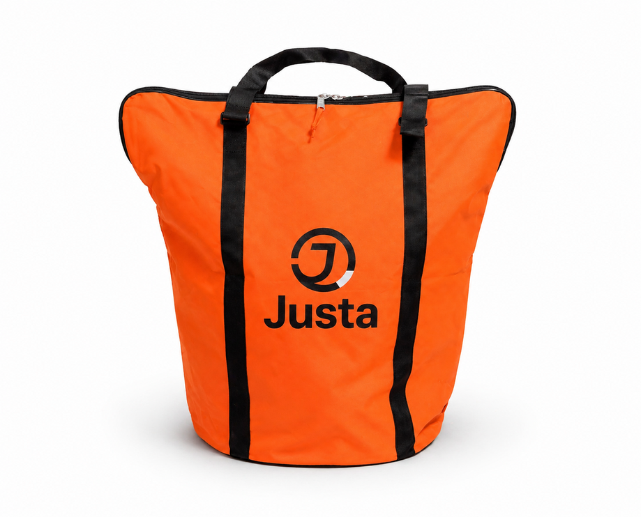 Justa 96L Penalty Corner Kit Bag in bright orange and black showing the large zip opening
