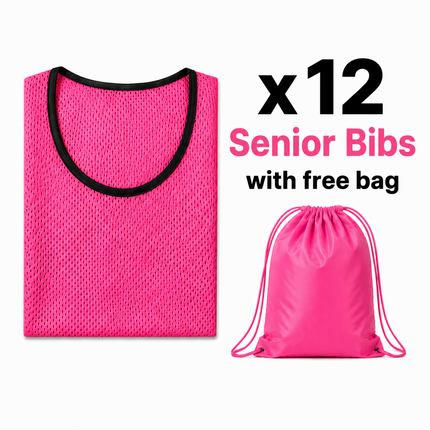 Justa Bibs 2026/27 | A set of 12 vibrant pink mesh training bibs neatly folded next to a matching pink drawstring bag