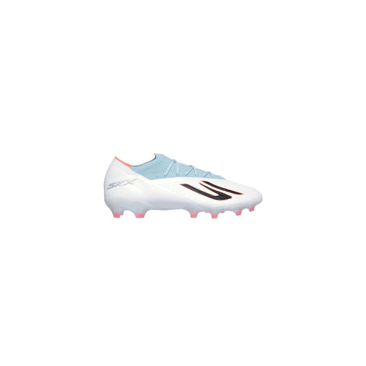 Skechers SKX_2 Elite FG Football Boots in White/Turquiose Side view showing the FitKnit upper