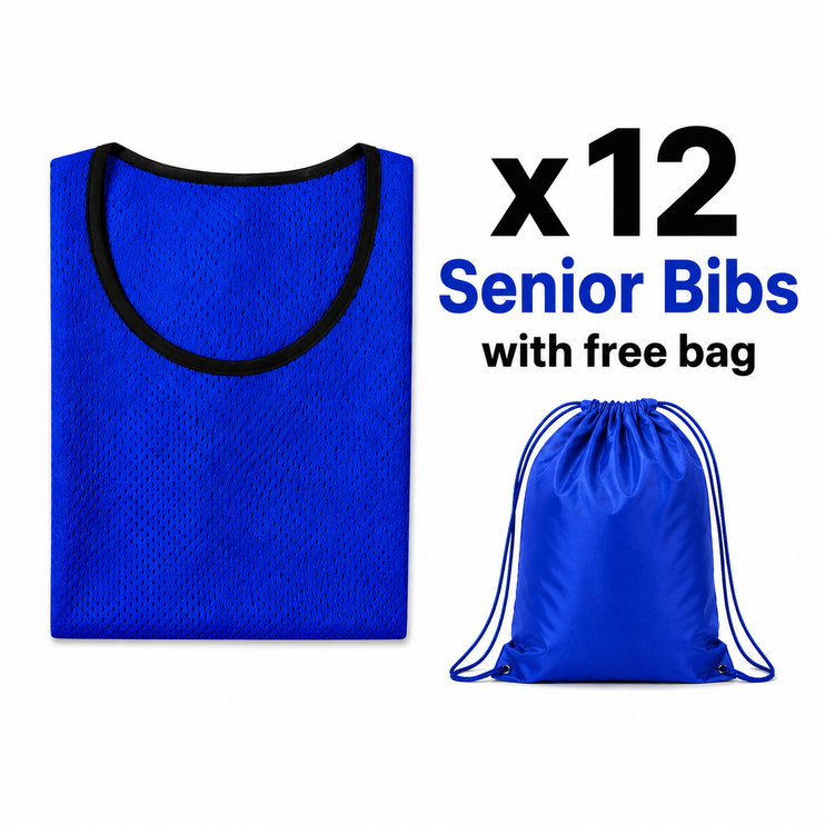 Justa Bibs 2026/27 | A set of 12 vibrant blue mesh training bibs neatly folded next to a matching blue drawstring bag