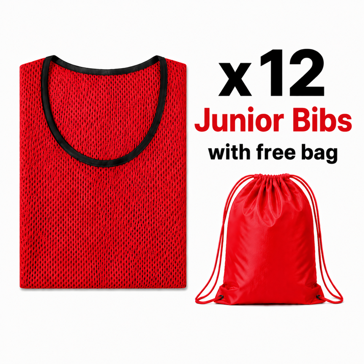 Justa Bibs 2026/27 | A set of 12 vibrant red mesh training bibs neatly folded next to a matching red drawstring bag