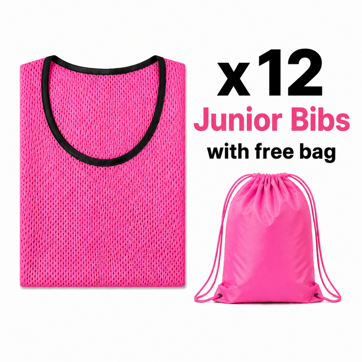 Justa Bibs 2026/27 | A set of 12 vibrant pink mesh training bibs neatly folded next to a matching pink drawstring bag
