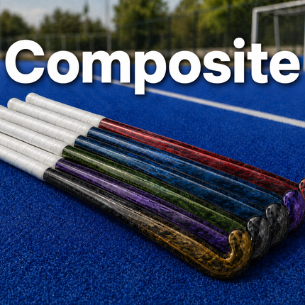 A professional selection of composite outdoor field hockey sticks in various lengths and designs