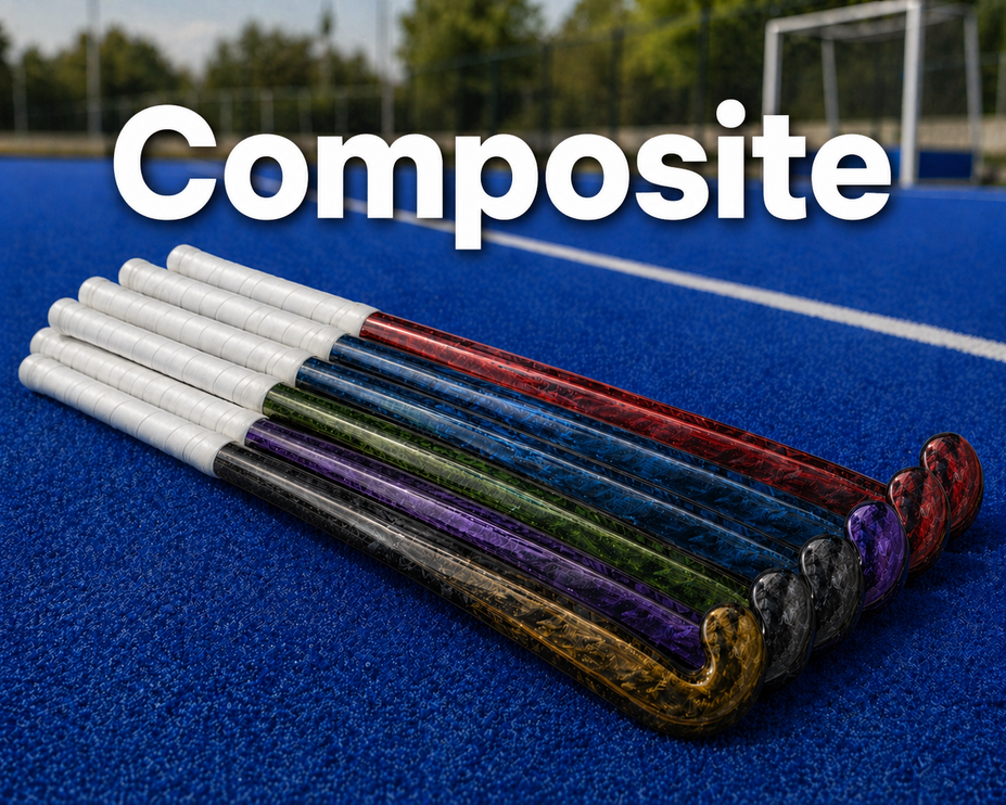 A professional selection of composite outdoor field hockey sticks in various lengths and designs