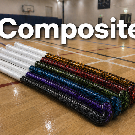 A professional assortment of composite indoor hockey sticks in various lengths and brands