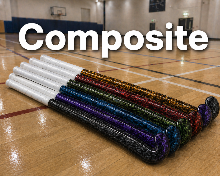 A professional assortment of composite indoor hockey sticks in various lengths and brands