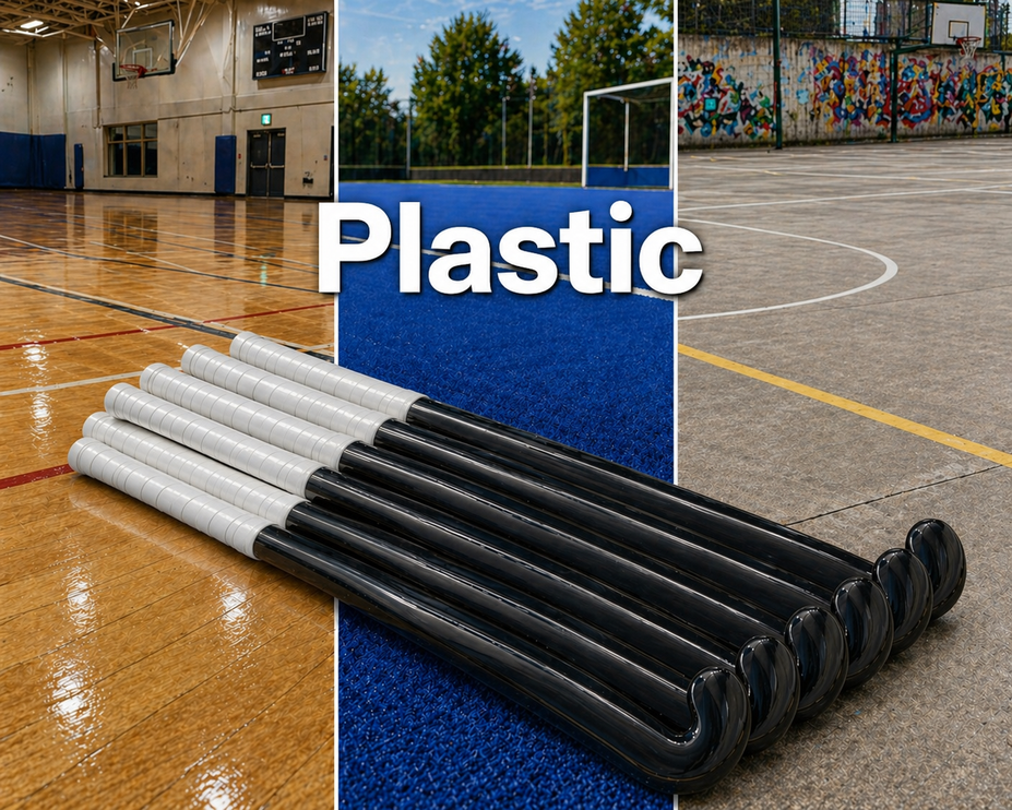 A vibrant assortment of plastic hockey sticks in various lengths and bright colours