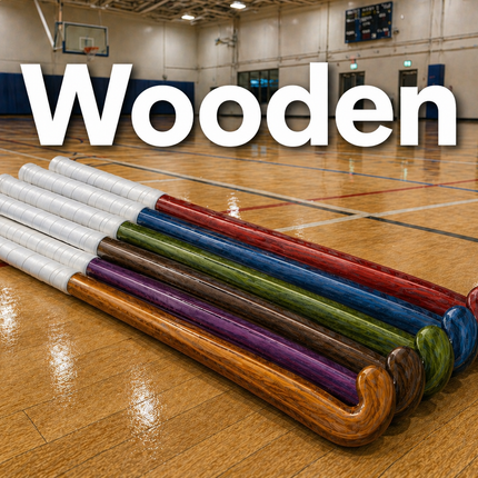 A professional assortment of wooden indoor hockey sticks in various lengths and brands