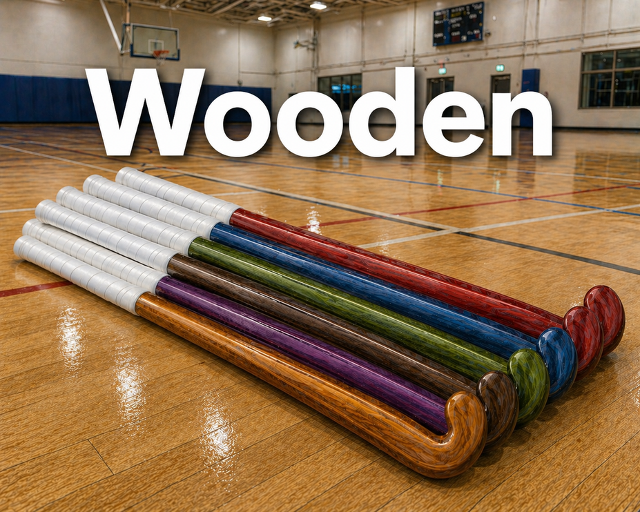 A professional assortment of wooden indoor hockey sticks in various lengths and brands