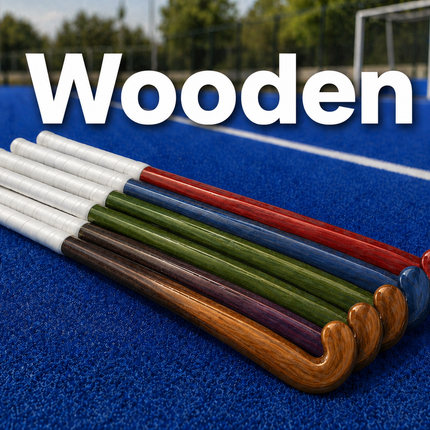 A professional selection of wooden outdoor field hockey sticks in various lengths and designs