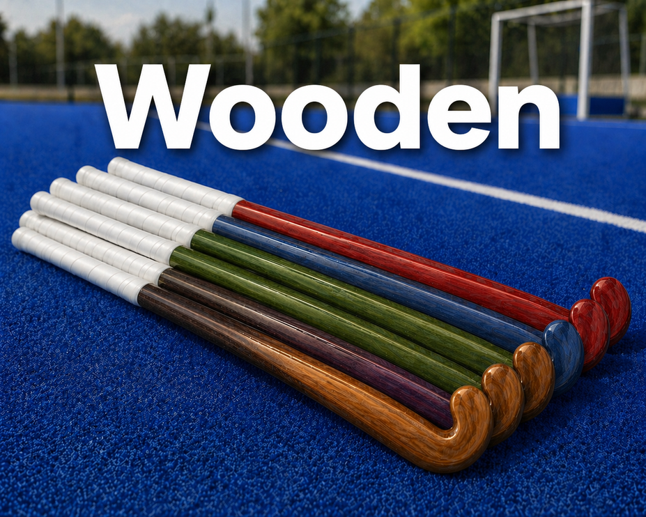A professional selection of wooden outdoor field hockey sticks in various lengths and designs