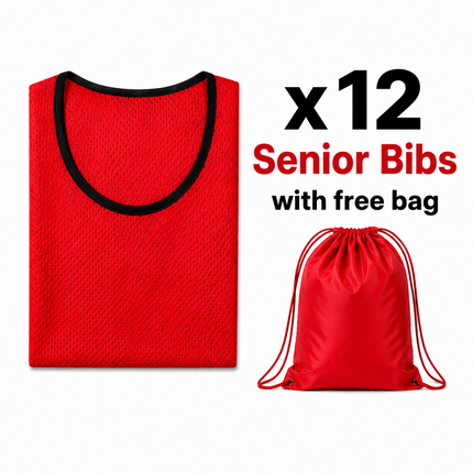 Justa Bibs 2026/27 | A set of 12 vibrant red mesh training bibs neatly folded next to a matching red drawstring bag