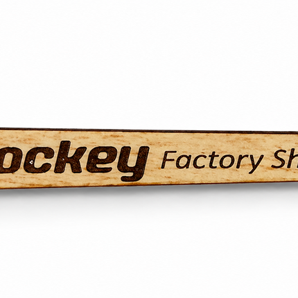 Wooden Mini Hockey Stick Keychain featuring the Hockey Factory Shop logo