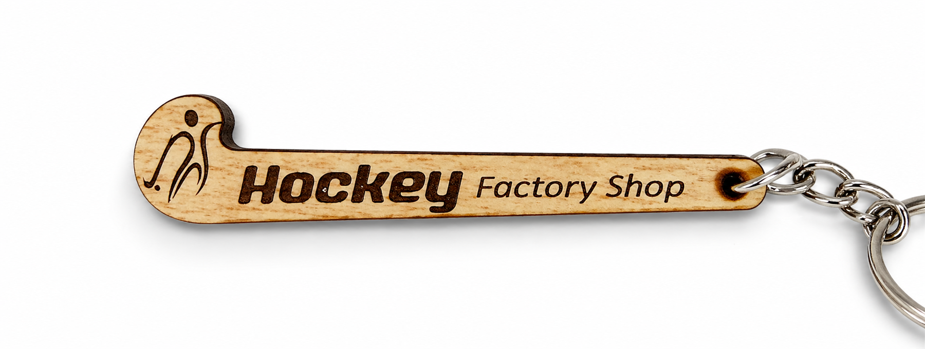 Wooden Mini Hockey Stick Keychain featuring the Hockey Factory Shop logo