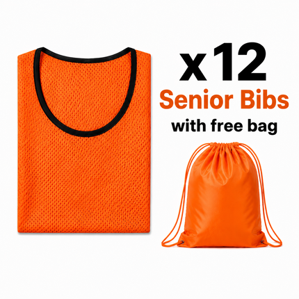 Justa Bibs 2026/27 | A set of 12 vibrant orange mesh training bibs neatly folded next to a matching orange drawstring bag