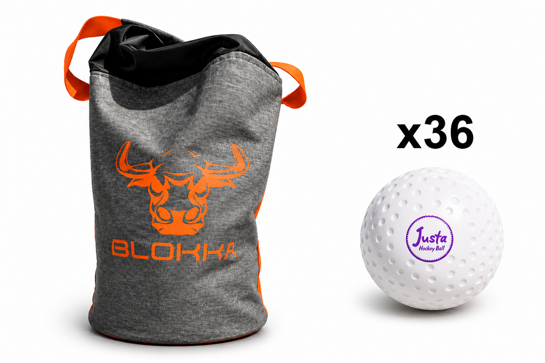 Justa White Practice Ball Bundle 2026/27 | 36 white hockey balls arranged next to a professional storage bag