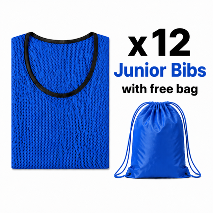 Justa Bibs 2026/27 | A set of 12 vibrant blue mesh training bibs neatly folded next to a matching blue drawstring bag