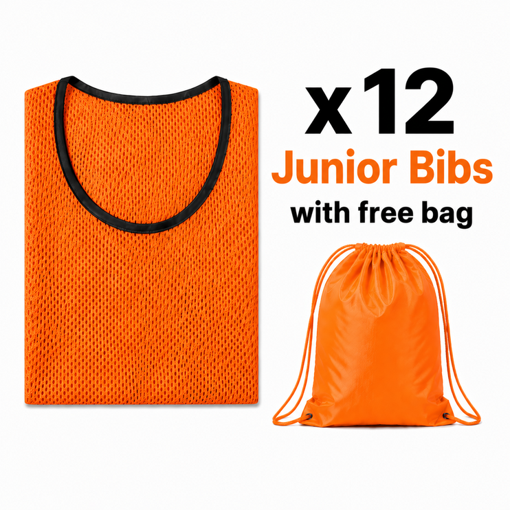 Justa Bibs 2026/27 | A set of 12 vibrant orange mesh training bibs neatly folded next to a matching orange drawstring bag