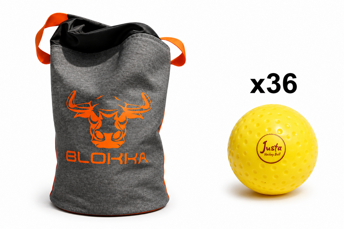 Justa Yellow Practice Ball Bundle 2026/27 | 36 yellow hockey balls arranged next to a professional storage bag