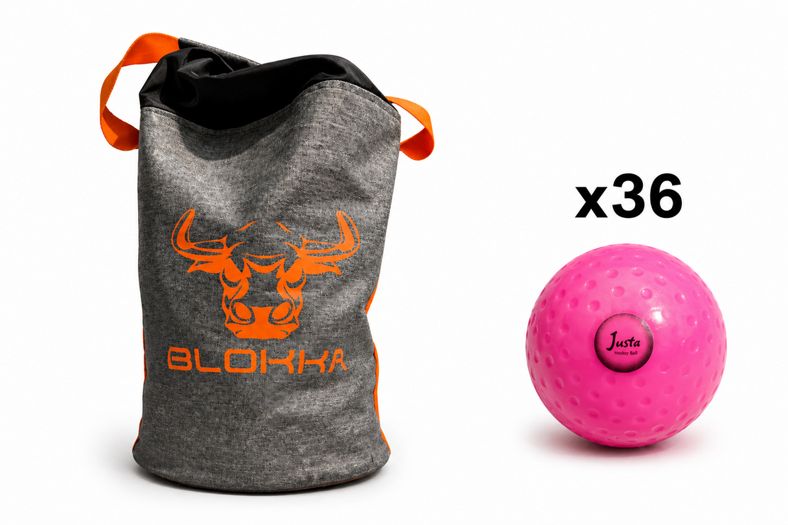 Justa Pink Practice Ball Bundle 2026/27 | 36 pink hockey balls arranged next to a professional storage bag
